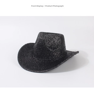 Front view of black glitter cowboy hat with shimmering sequins for party wear
