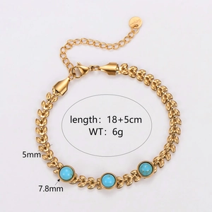 Gold stainless steel leaf chain bracelet with blue turquoise inlay and 18+5cm adjustable length