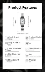 Detailed specifications of silver stainless steel square watch with 20mm rectangular dial