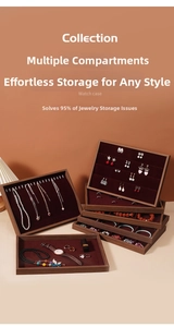 Detail of walnut wood jewelry tray showing premium red velvet lining and multi-slots