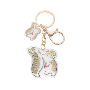 Cartoon kitten acrylic keychain with golden lobster clasp and heart hat charms