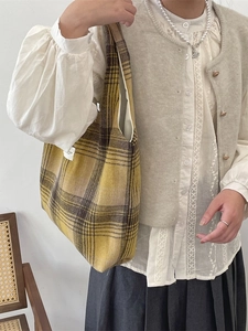 Borsa tote in lana a quadri gialli e neri in stile retrò college per studentesse universitarie