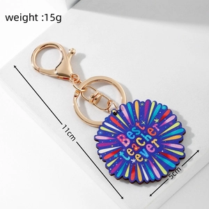 Detailed view of teacher appreciation keychain with dimensions 11cm length and 15g weight