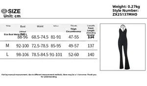 Detailed size chart for backless printed jumpsuit with chest and waist measurements
