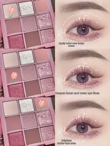 Nine-color palette showing matte and glitter textures with tulip patterns and tutorials