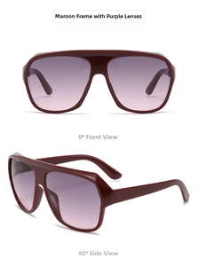 Front and side views of large frame sunglasses with dark red frames and purple gradient lenses