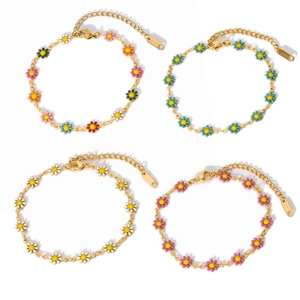 18K gold plated stainless steel bracelets with colorful daisy enamel charms in four colors