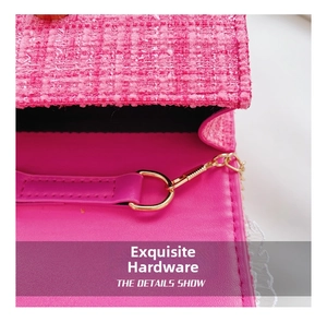 Detail of pink tweed texture with gold D-ring hardware on girl's crossbody bag