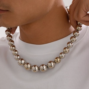Polished silver beaded necklace for men featuring large uniform metallic beads