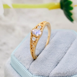 Vintage pear-shaped moonstone ring in 14k gold plated silver with side diamonds