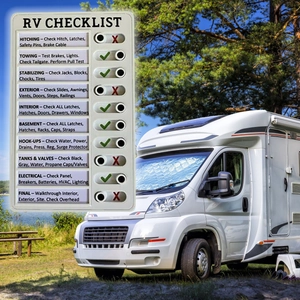 Detail view of white RV checklist board with sliding switches for safety verification