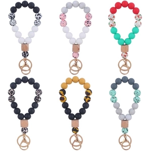 Silicone Beaded Wristlet Keychain For Women Leopard Sunflower Pattern Bracelet Key Ring With Wood Bead Alloy Clasp Fashion Accessory