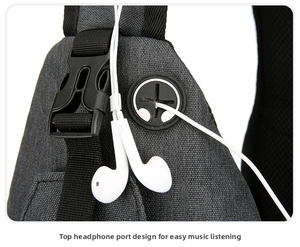 Detail view of the headphone port design on a grey fabric cross-body chest bag