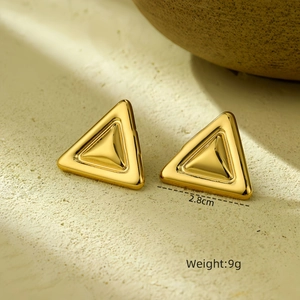 Macro shot of 2.8cm golden triangle stud earrings in high quality stainless steel