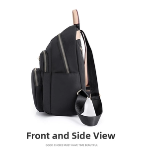 Vista laterale dello zaino in nylon nero con finiture kaki e cerniere dorate