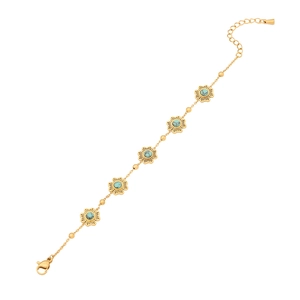 Vintage flower link bracelet with turquoise stones in gold plated stainless steel finish