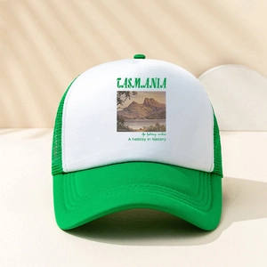 Green and white mesh trucker hat with Tasmania scenic print and breathable side panels