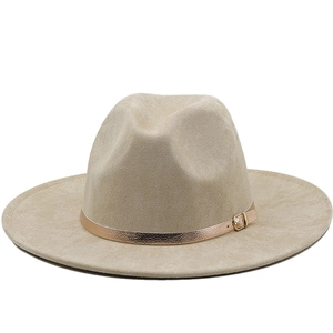 Classic beige suede fedora with wide brim and gold buckle band for men and women
