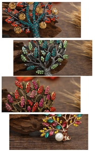 Detail of tree of life brooches with multicolored rhinestones and pearl accents