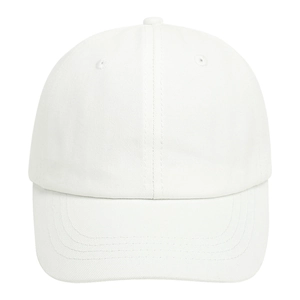 Detail of white cotton baseball cap with six-panel construction and curved brim for kids