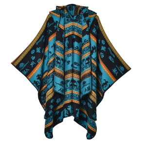 Ethnic knit hooded poncho with blue and gold geometric patterns on a white background