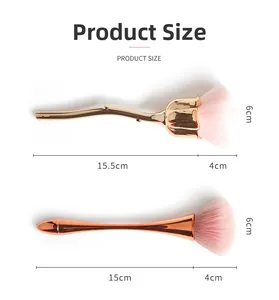 Detailed dimensions of rose-shaped nail dust brush with pink soft fiber bristles