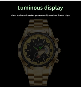 Vue du cadran lumineux d'une montre de sport en acier doré pour hommes avec aiguilles vertes