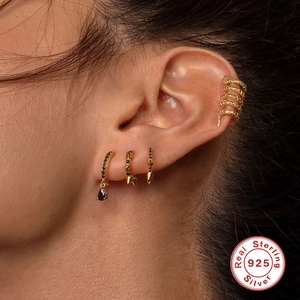 925 sterling silver gold earrings set with black teardrop pendant and snake ear cuff