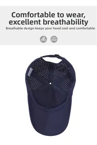 Detalle de los orificios de ventilación cortados con láser en gorra de béisbol azul