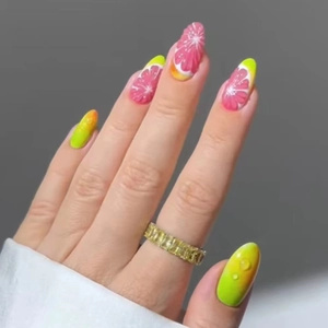 Grapefruit Citrus Fruit Press On Nails ABS Plastic Removable Pink Yellow Gradient Summer Style Long Oval Fake Nail Tips For Women