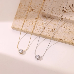 Solitaire Round Zircon Pendant Necklace Stainless Steel Clavicle Chain Minimalist Elegant Fashion Jewelry For Women