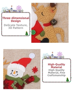 Detailed close-up of burlap Christmas gift bags with 3D elk and snowman felt embroidery