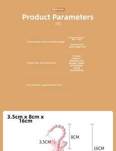 Detailed size parameters for pearl pet hangers featuring ABS material and pink bow design