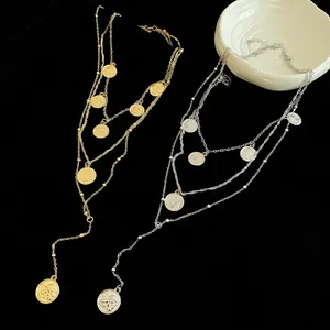 Three-layer coin pendant necklace with angel relief in gold and silver finish