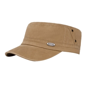 Khaki washed canvas flat top cadet cap with metal branding for outdoor sun protection