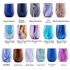 Detailed grid of 12oz stainless steel wine tumblers with various colorful patterns and lids