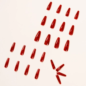 Dark red rose pattern long coffin press-on nails set with glossy marble texture finish