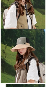 Detail of breathable mesh and sport logo on outdoor hiking hat in green and khaki
