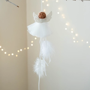 Christmas tree hanging angel ornament with white wings and knit hat for festive decor