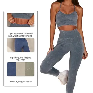 Seamless acid wash yoga set featuring high waist leggings and sports bra in blue