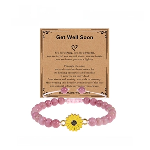Pink rhodochrosite 6mm bead bracelet with sunflower charm and Get Well Soon card
