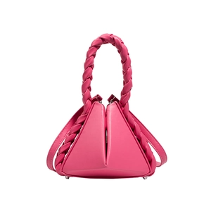 Fuchsia geometric triangle handbag with braided handle and long shoulder strap