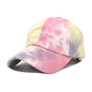 Colorful tie-dye baseball cap for men and women featuring a curved brim and vibrant wash