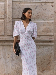 Vestito Lungo Floreale Stile Francese Donne Scollo V Maniche A Sbuffo Vita Alta Poliestere Elegante Estate Vacanze Linea A
