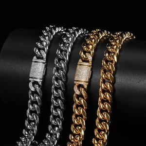12mm stainless steel cuban link chains in gold and silver with pave zircon buckles