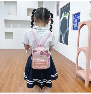 Cute pink cat ear backpack with sequins and clear pocket on a child model