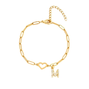 Gold paperclip chain bracelet with a hollow heart and zircon M initial pendant