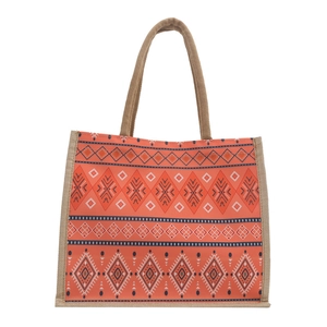Orange geometric linen tote bag with jute handles and large capacity design