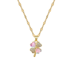 Titanium steel four-leaf clover necklace with pink gems and micro-set crystals in gold finish