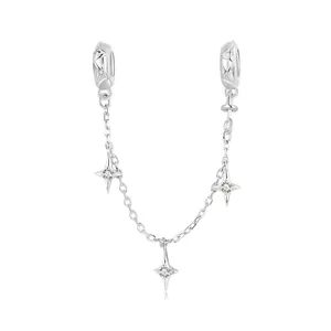 Authentic 925 Sterling Silver Starburst Safety Chain Zirconia Inlaid Futuristic Star Charm Jewelry Accessory For Women